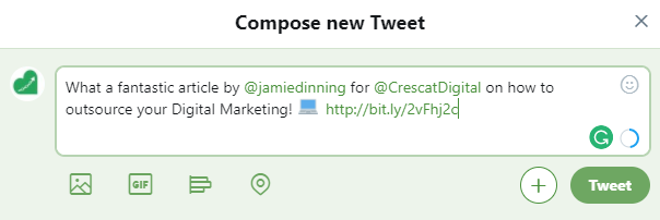 A composed tweet mentioning the author and company of a blog