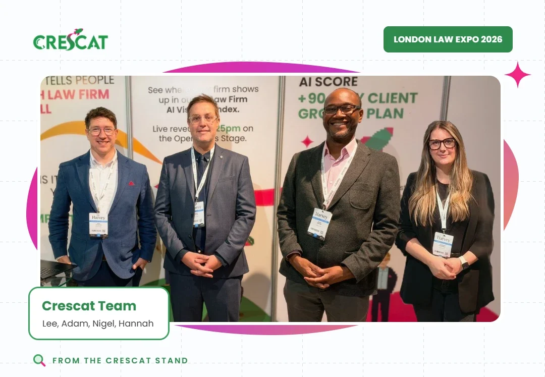 Lee, Adam, Nigel and Hannah from Crescat on the Crescat stand at London Law Expo 2026