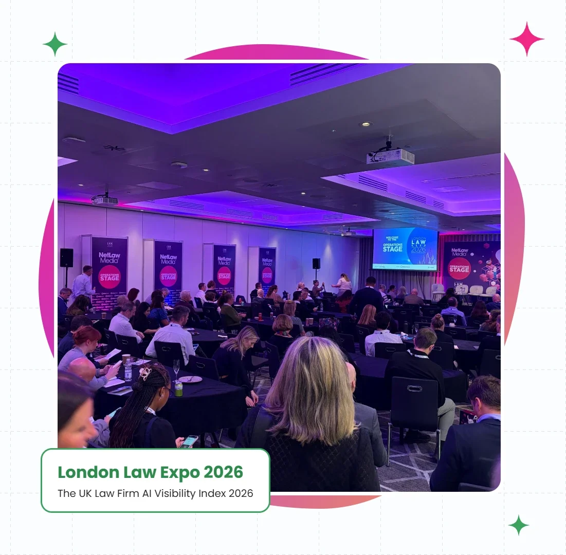 The audience at the Operations Stage, London Law Expo 2026, with the Netlaw Media stage banners and the welcome slide on screen